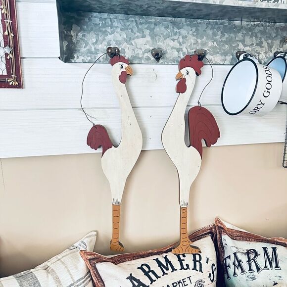Vintage Primitive Rustic Farmhouse Hanging Wooden Oversized Chickens - Picture 2 of 9
